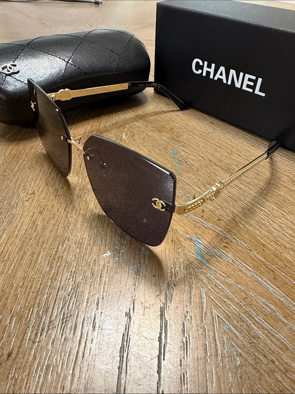 CHANEL Black Gradient Rimless Square Sunglasses with Gold Hardware
